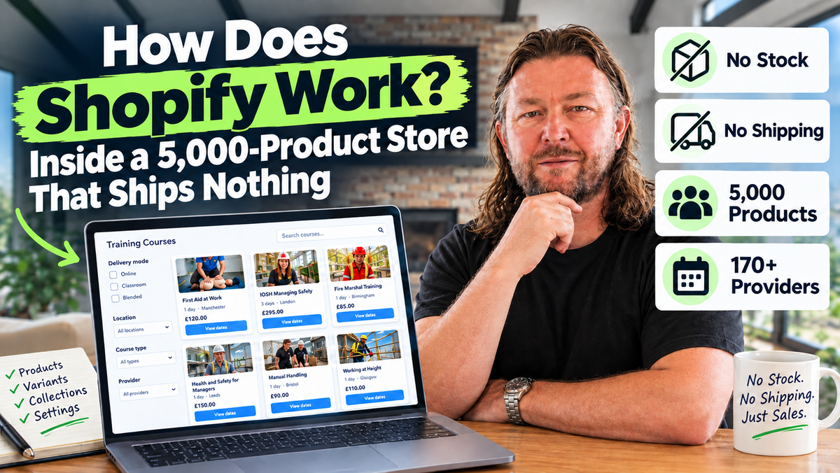 how does Shopify work image with Drew Mitchell sitting at a desktop with a laptop computer
