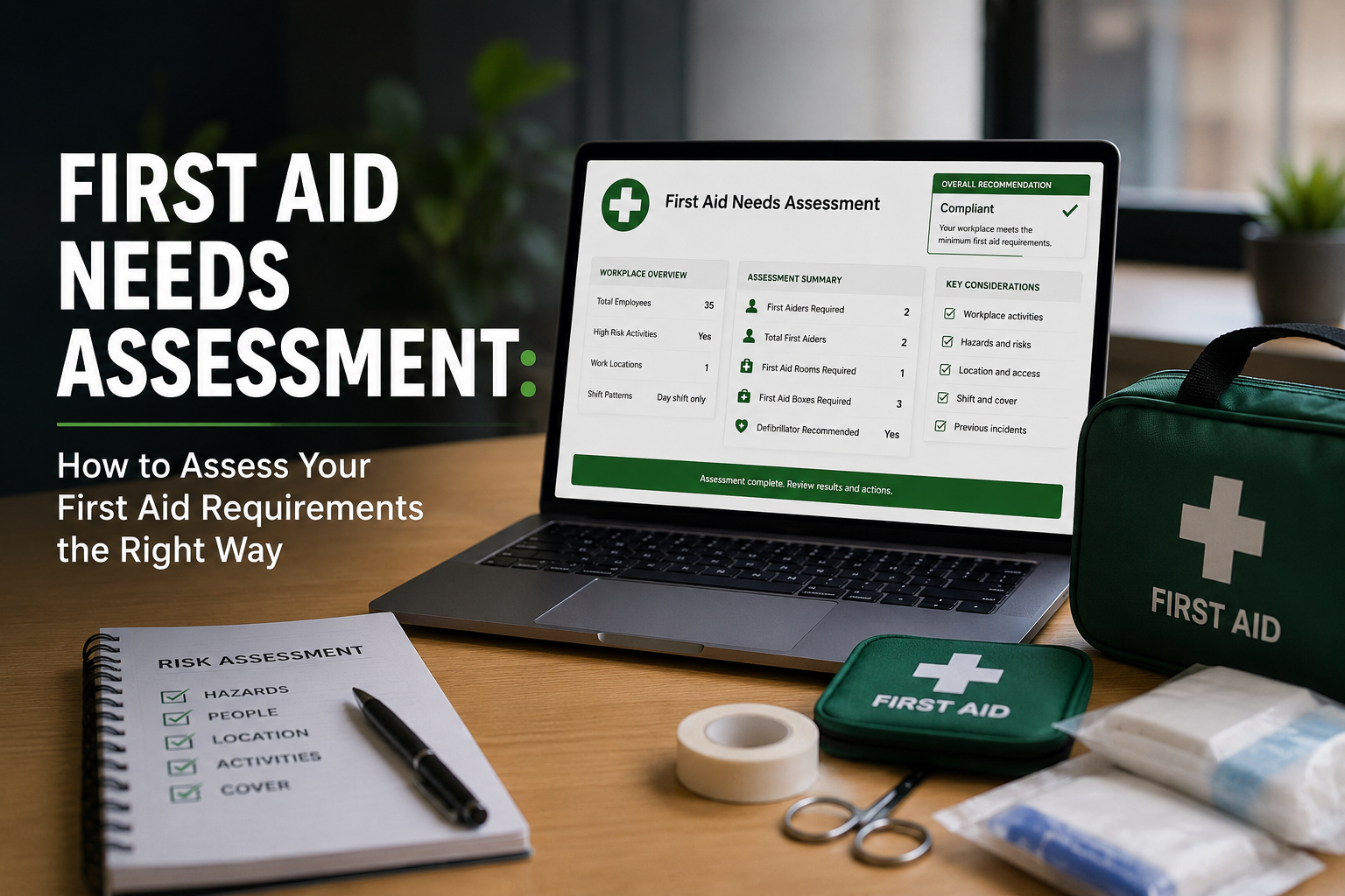 First aid needs assessment tool displayed on a laptop with workplace first aid kit and assessment checklist.