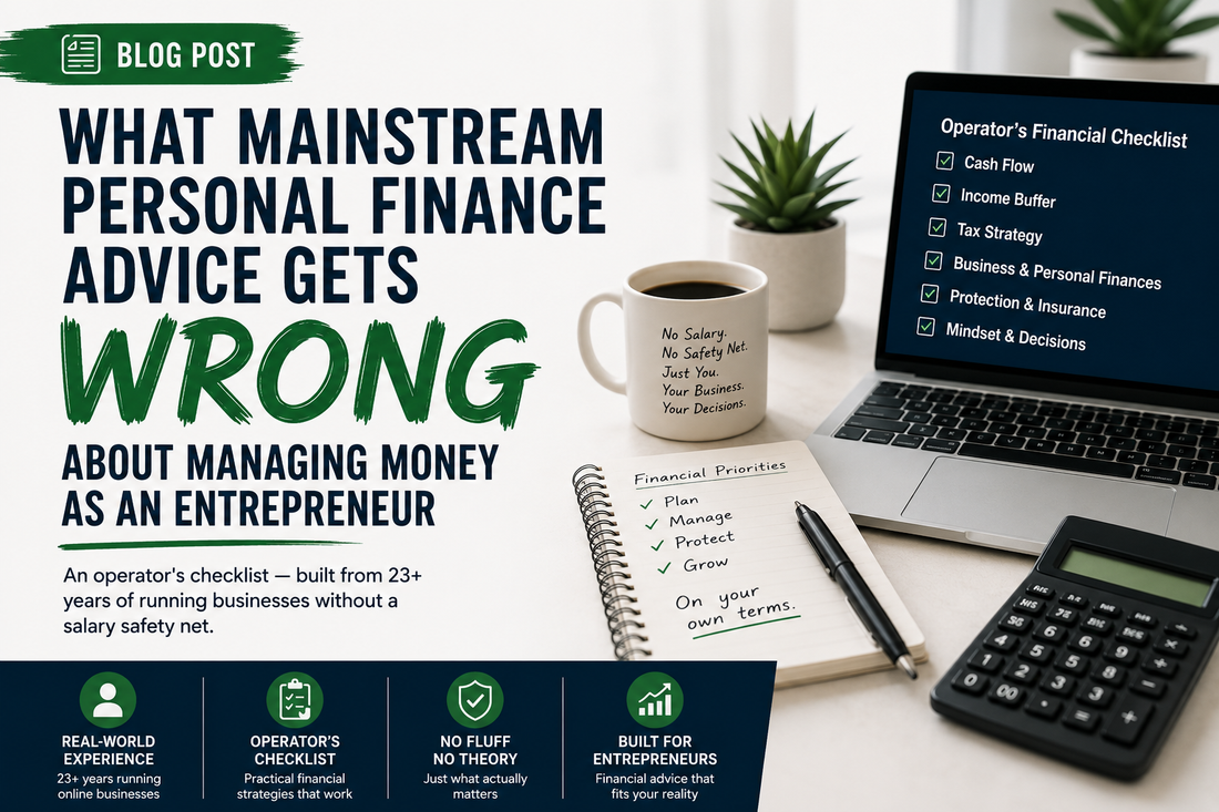 desktop with laptop calculator and coffee cup promoting mainstream personal finance gets it wrong for entrepreneurs