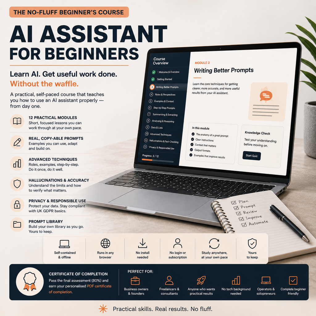 Laptop displaying an AI assistant course with a notebook and pen on a wooden desk.