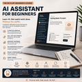 Laptop displaying an AI assistant course with a notebook and pen on a wooden desk.