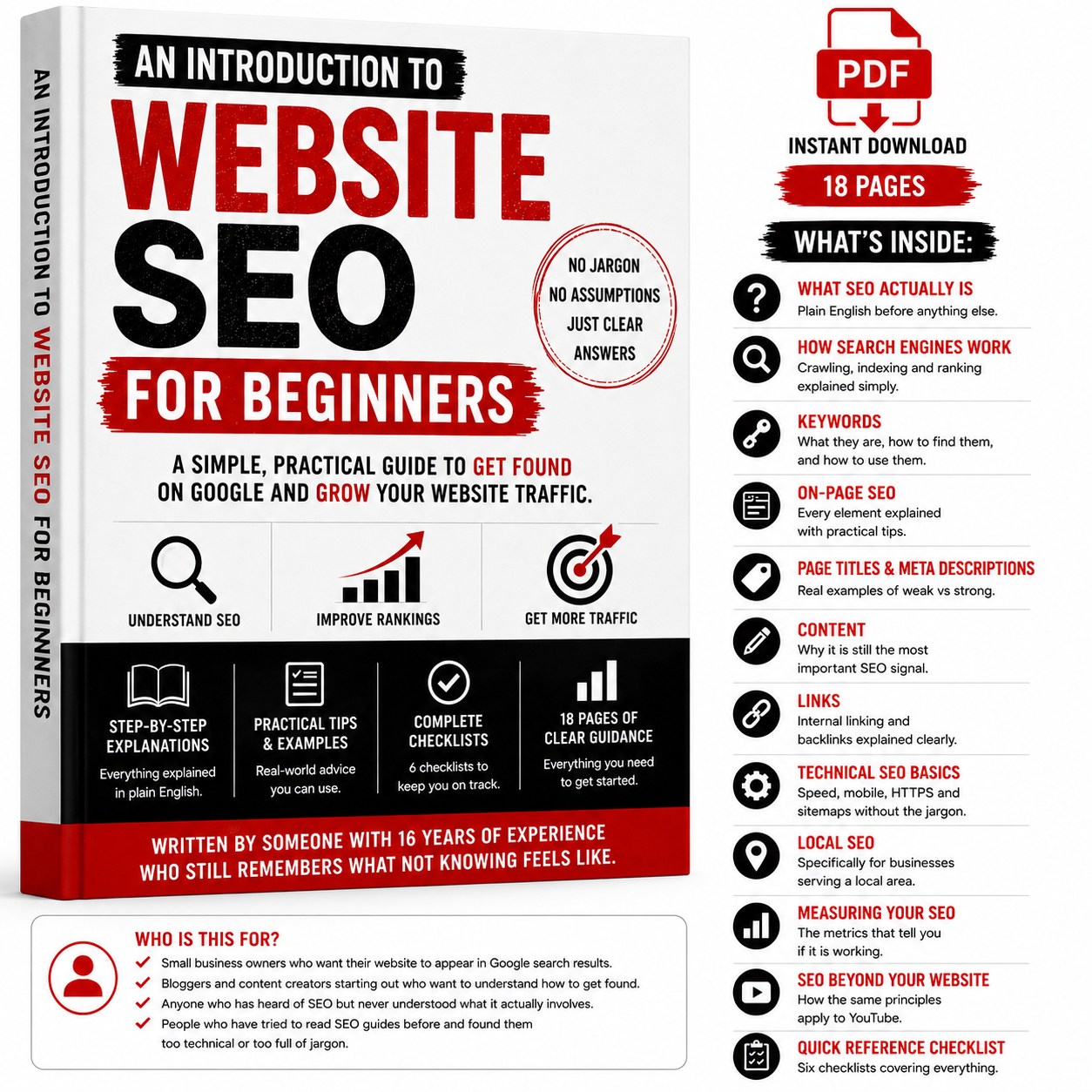 Book cover of 'An Introduction to Website SEO for Beginners' with text and graphics on a white background.