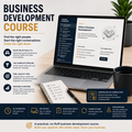 Promotional graphic for a business development course, featuring a laptop displaying course content, a notebook with a pen, a coffee mug, and text callouts on a light beige background.