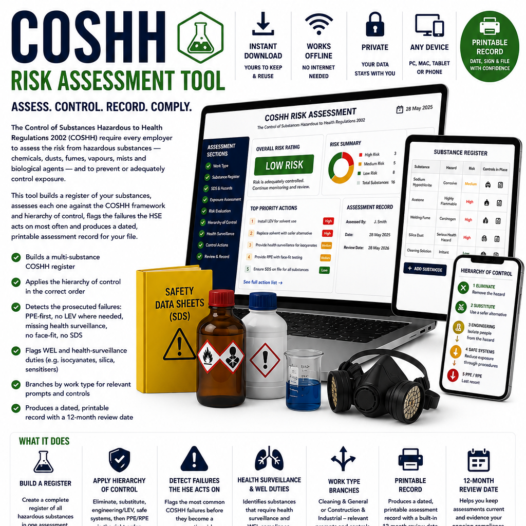 COSHH Risk Assessment Tool infographic with laptop, smartphone, and text on a white background