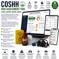 COSHH Risk Assessment Tool infographic with laptop, smartphone, and text on a white background