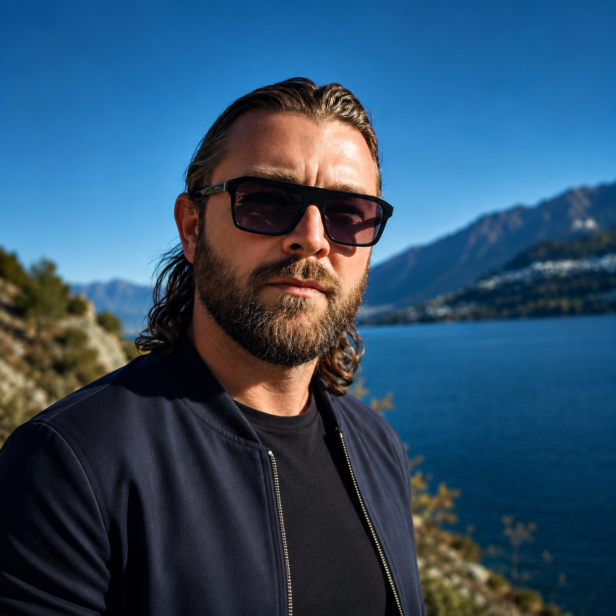 Drew Mitchell wearing sunglasses with a scenic background of mountains and water