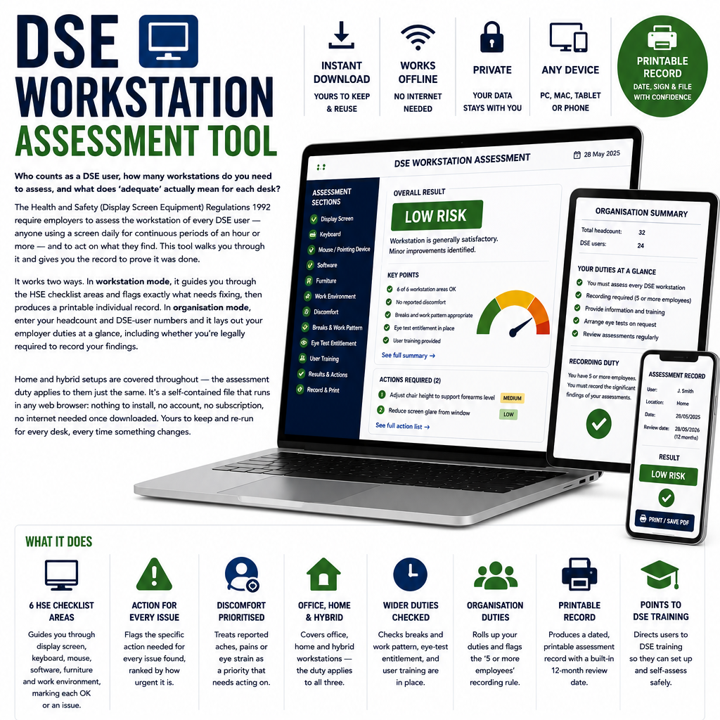 DSE Workstation Assessment Tool infographic with laptop, smartphone, and tablet displaying assessment software.