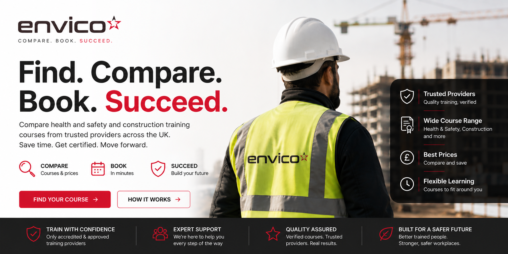 Envico health and safety and construction training course comparison platform banner with construction worker, UK training courses, and online booking system
