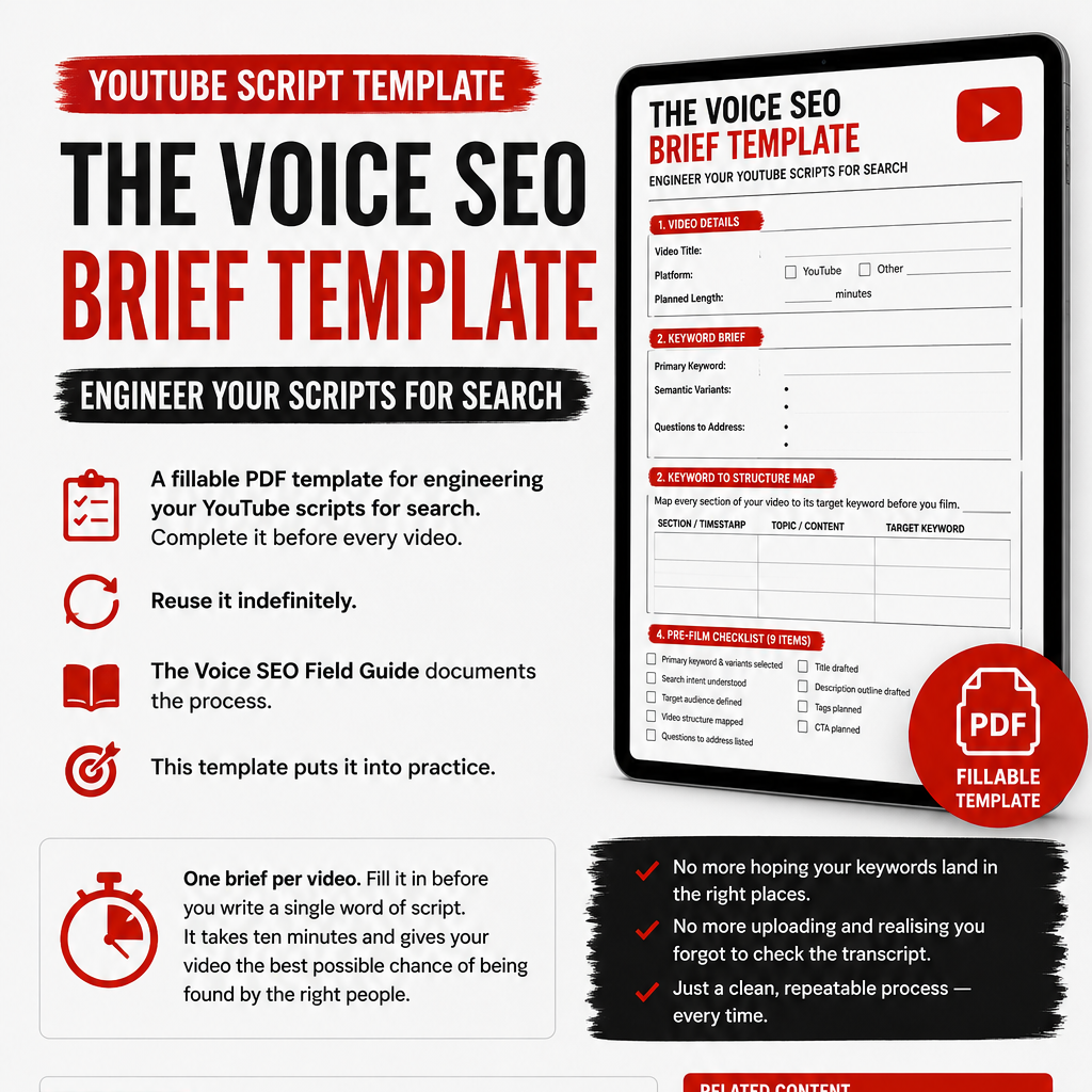 Voice SEO brief template with red and black design on a white background
