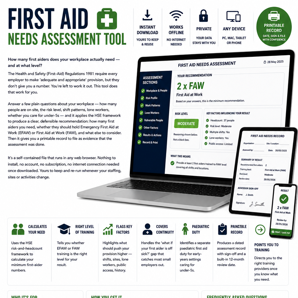First Aid Needs Assessment Tool with laptop, smartphone, and tablet on a white background