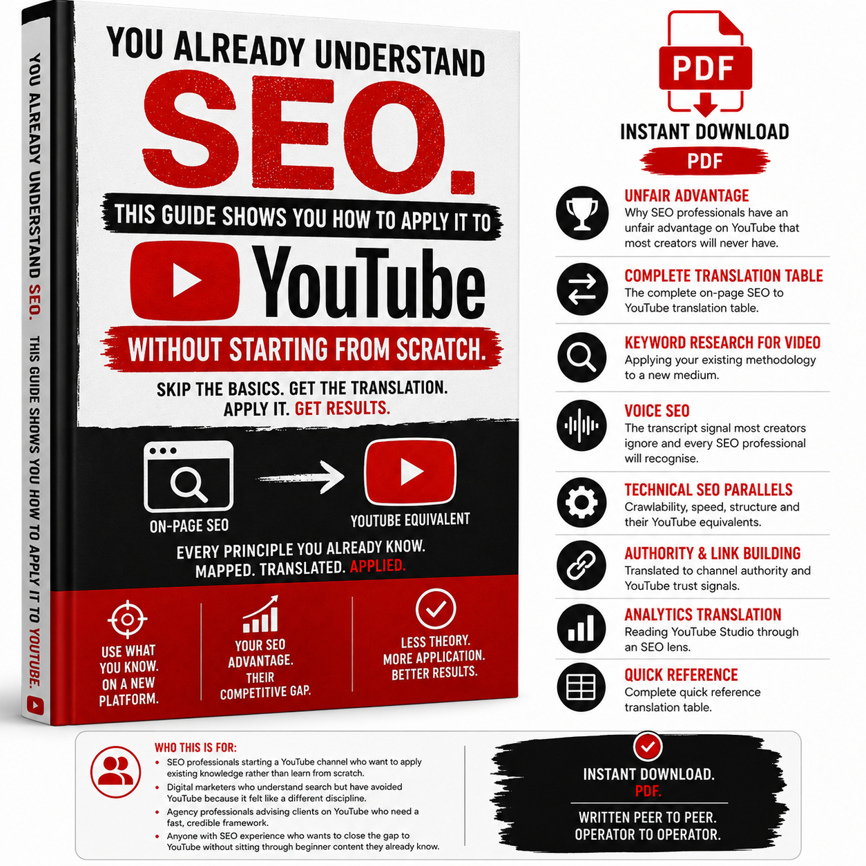 Book cover of 'You Already Understand SEO' applied to YouTube with key features highlighted.