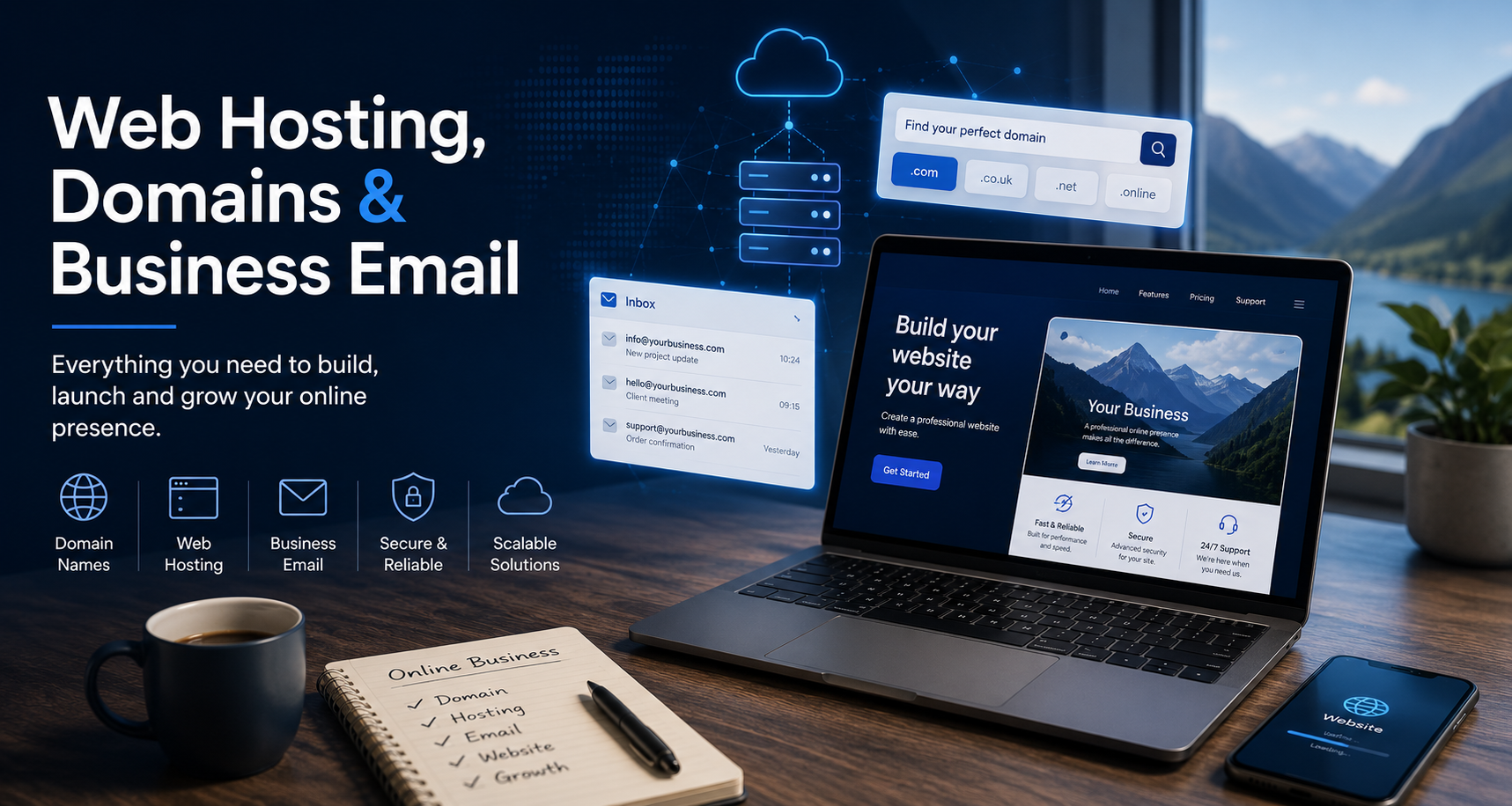 Laptop on a desk with web hosting and business email services displayed, coffee cup, notebook, and smartphone.