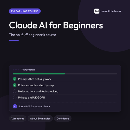 Claude AI for Beginners Course: product cover by Drew Mitchell