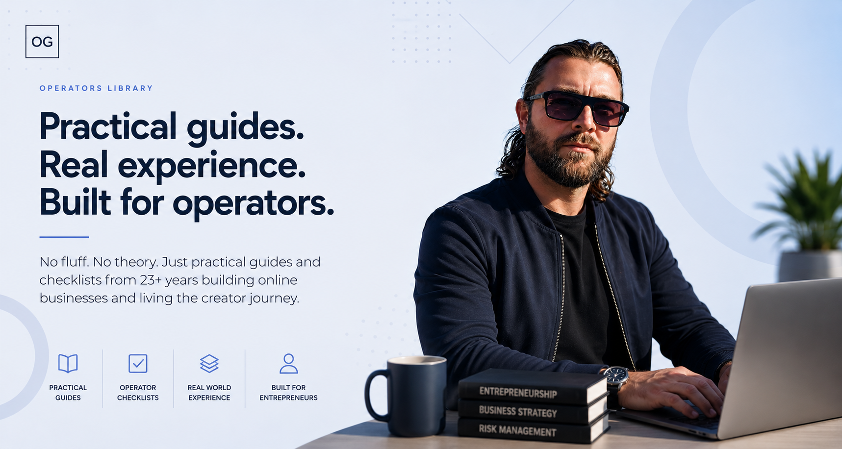 Drew Mitchell sitting at a desk with a laptop and books, with text about practical guides and real experience.