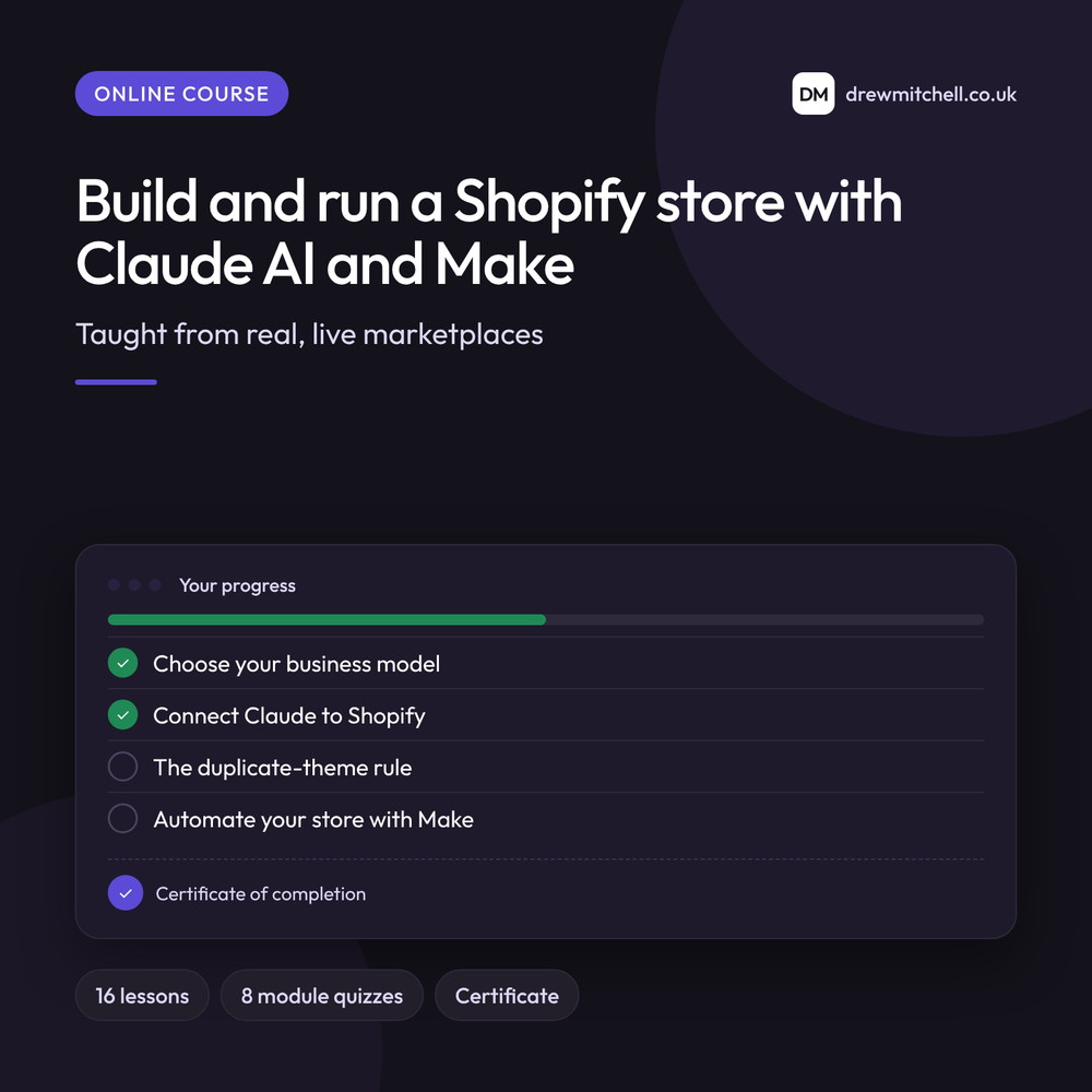 Build and Run a Shopify Store with Claude AI and Make: product cover by Drew Mitchell