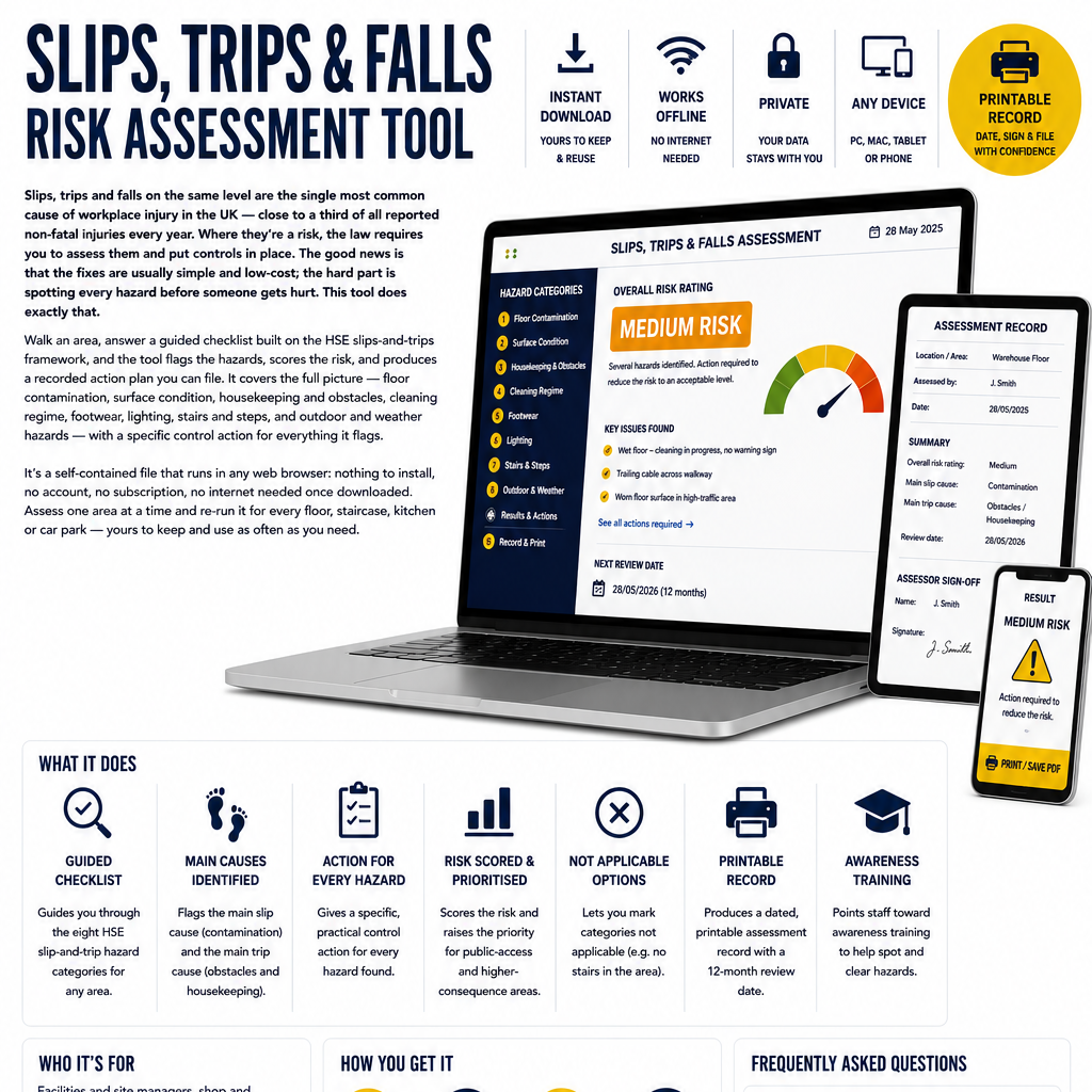 Slips, Trips & Falls Risk Assessment Tool with laptop, phone, and tablet on a white background