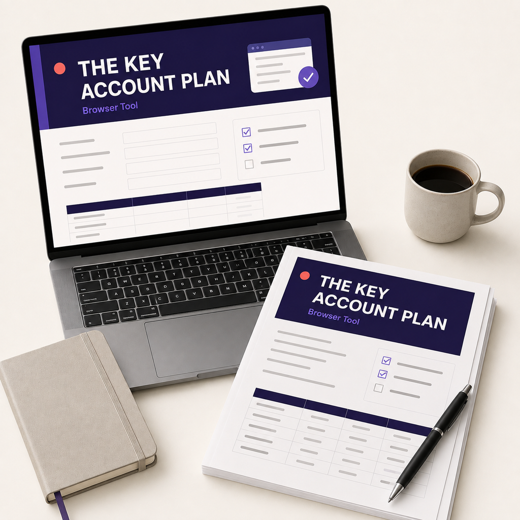 The Key Account plan browser tool promo image with a laptop, cup of coffee and diary book on a desk surface