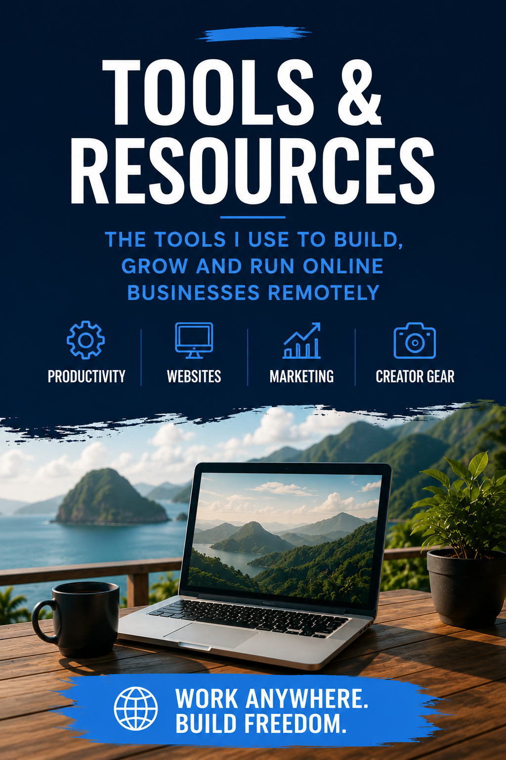 Laptop on a wooden desk with scenic view, tools and resources text above, 'Work Anywhere. Build Freedom.' at the bottom.