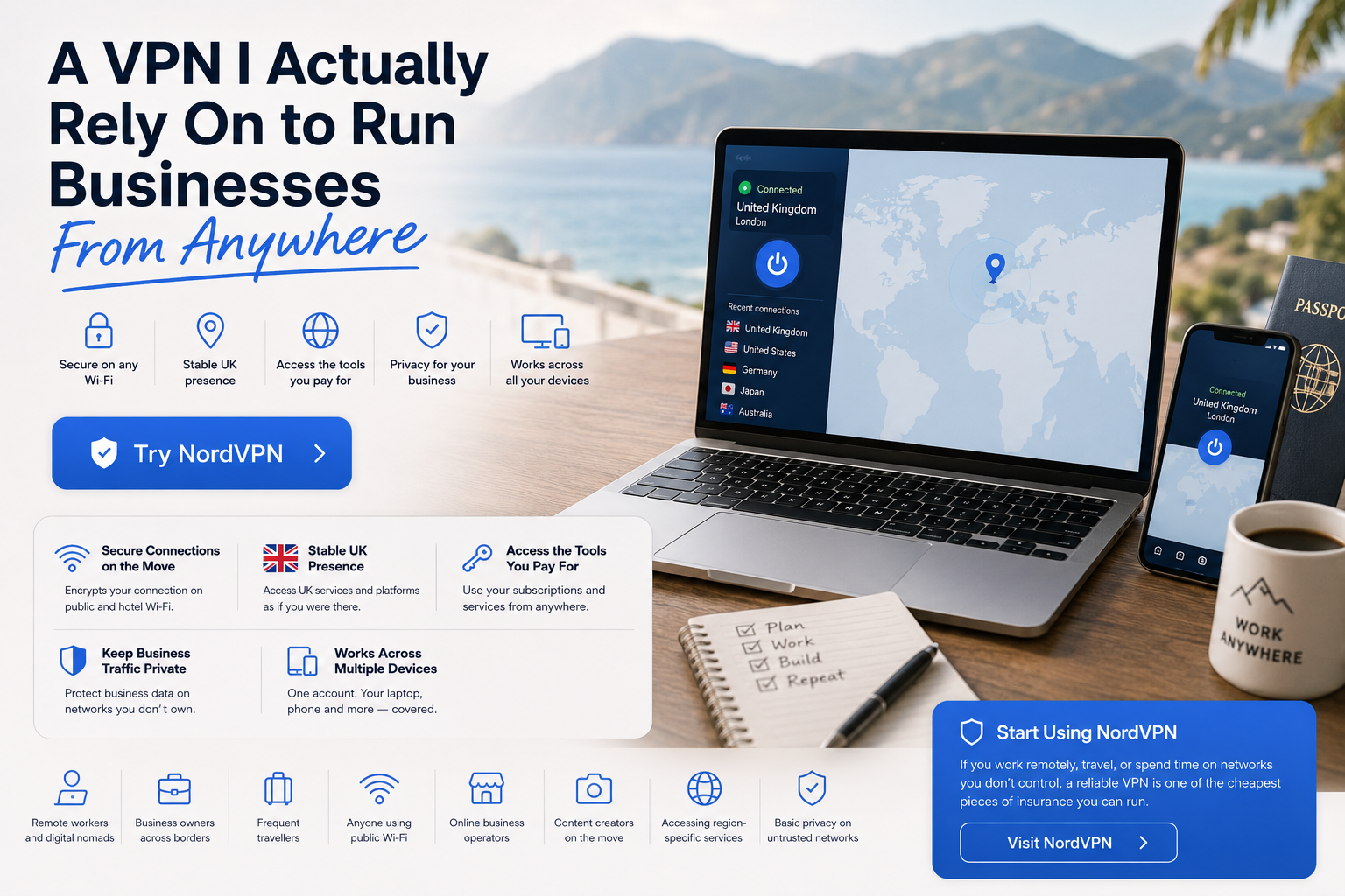 Laptop and smartphone on a desk with scenic background, promoting NordVPN.