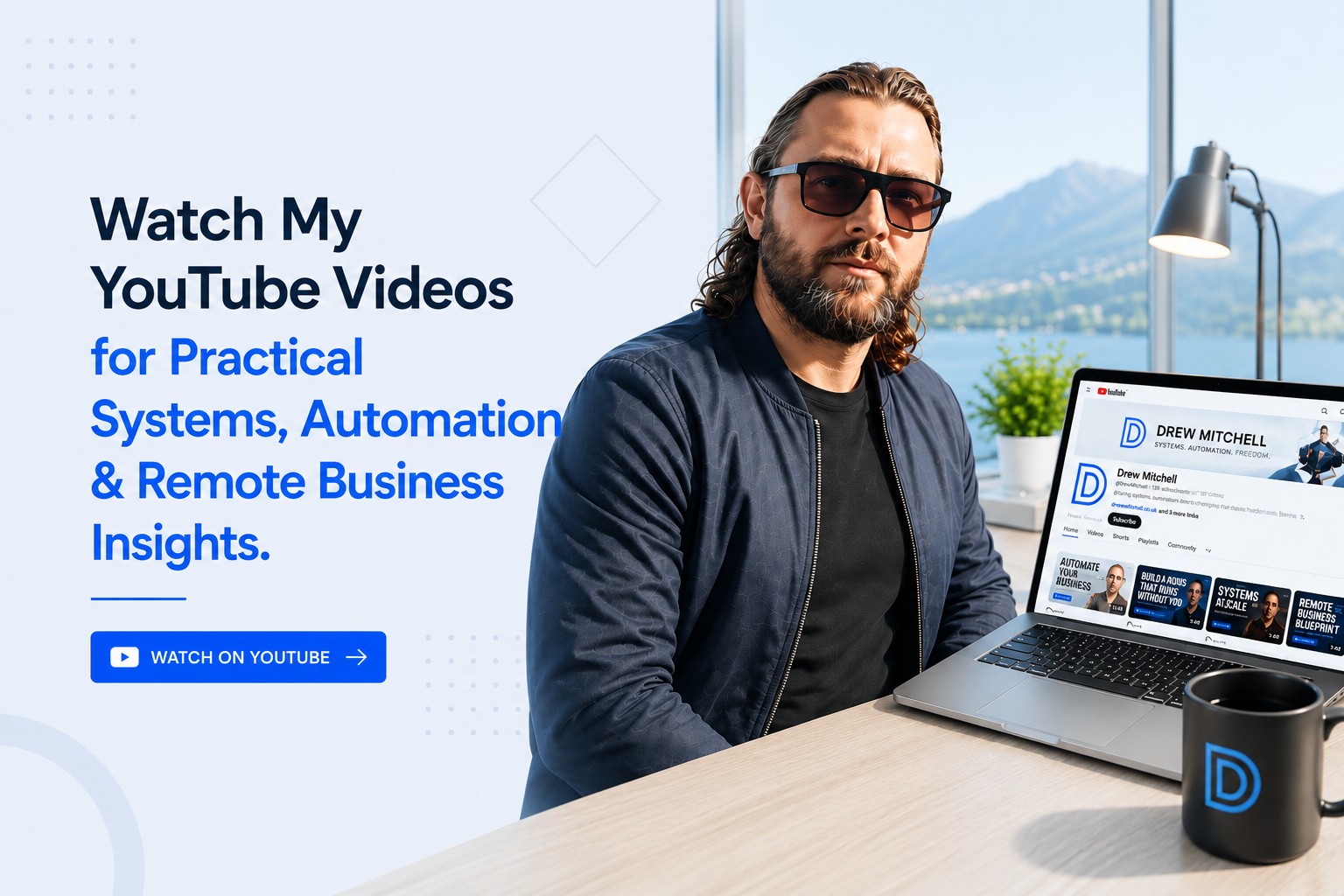Drew Mitchell sitting at a desk with a laptop and coffee mug, promoting YouTube videos on systems, automation, and remote business insights.