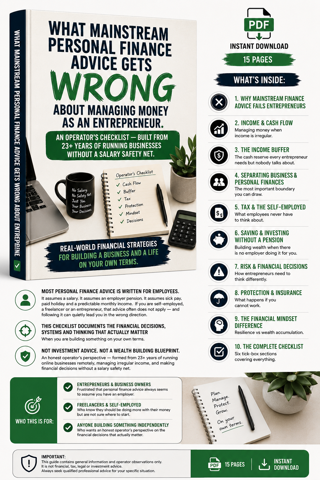 Book cover of 'What Mainstream Personal Finance Advice Gets Wrong About Managing Money as an Entrepreneur' with a laptop, coffee cup, and plant on a white background.