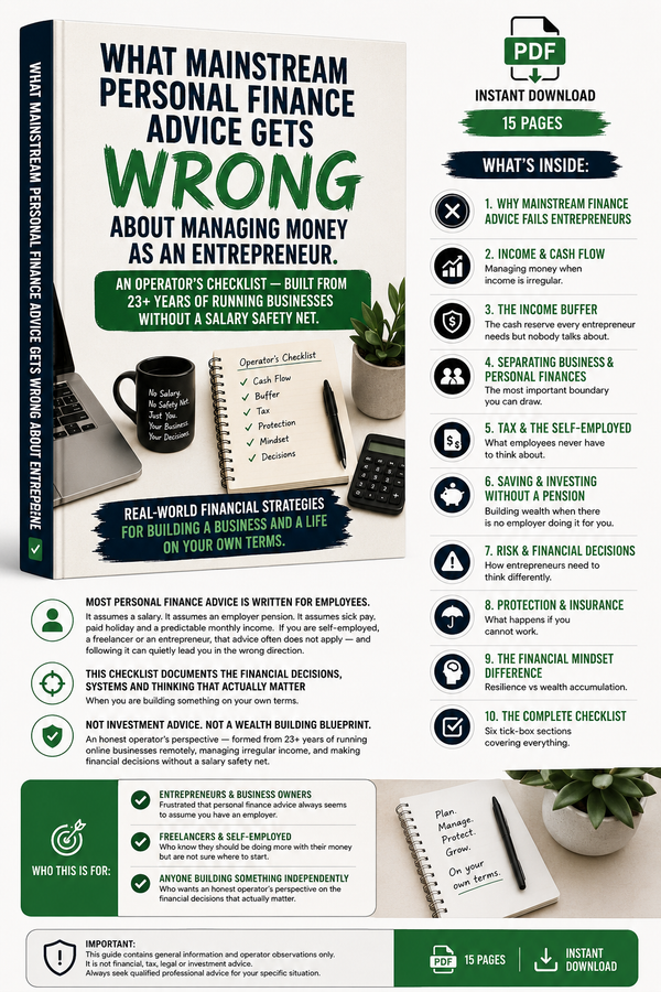 Book cover of 'What Mainstream Personal Finance Advice Gets Wrong About Managing Money as an Entrepreneur' with a laptop, coffee cup, and plant on a white background.