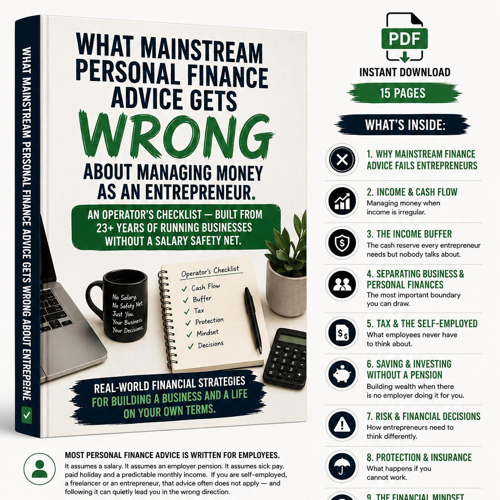 Book cover of 'What Mainstream Personal Finance Advice Gets Wrong About Managing Money as an Entrepreneur' with a laptop, coffee cup, and plant on a white background.