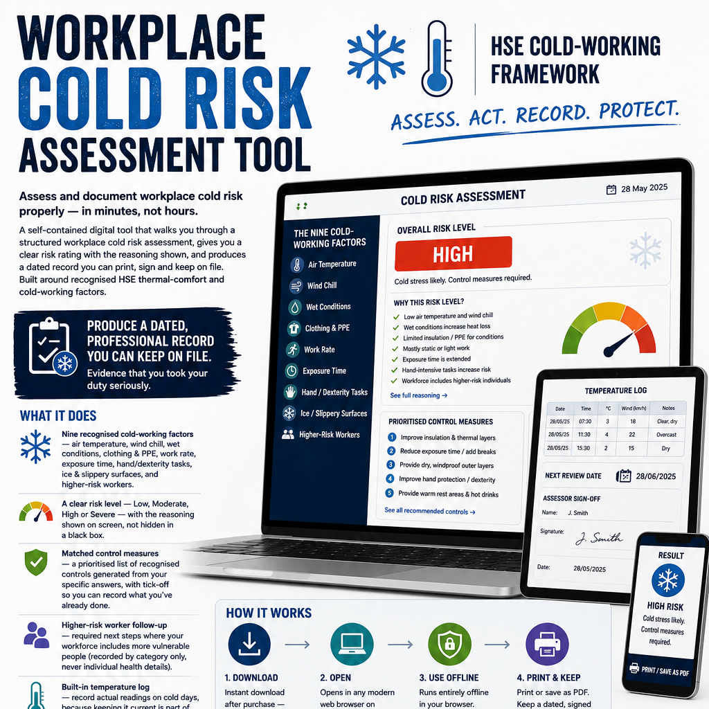 Workplace cold risk assessment tool infographic with a laptop and smartphone displaying the tool.