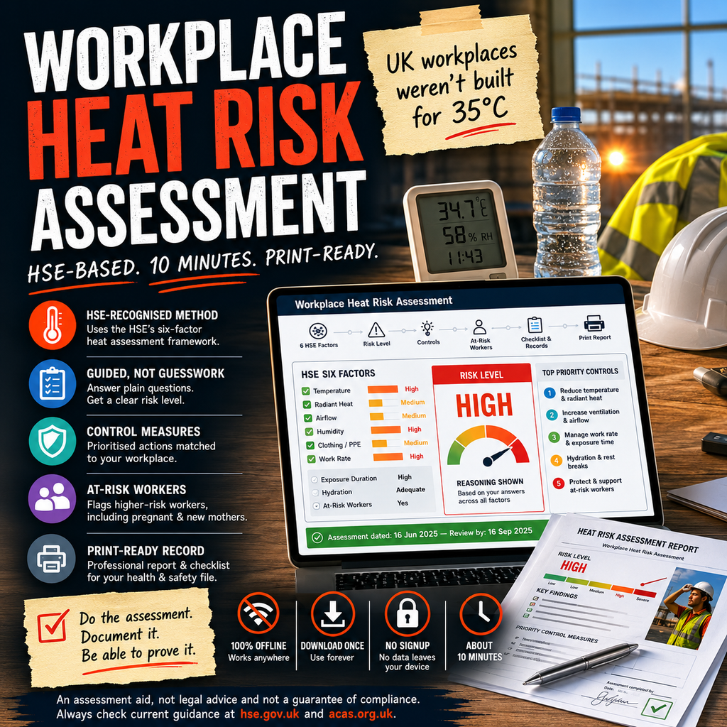 Advertisement for workplace heat risk assessment software with a laptop displaying the software interface.